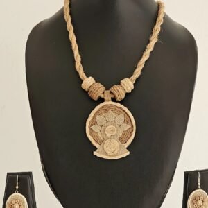 Handwoven Jute Necklace and Earring Set with Floral Pendant