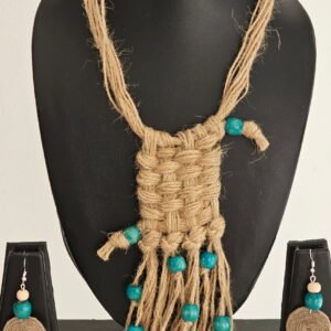 Handwoven Jute Necklace and Earring Set with Turquoise Beads