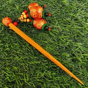 Handcrafted Bamboo Hair Stick with Intricate Floral Bead Danglers – Vibrant Ethnic Hair Accessory