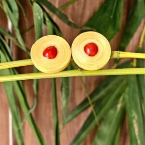 Handcrafted Bamboo Coil Stud Earrings with Red Bead Accent – Rustic Charm